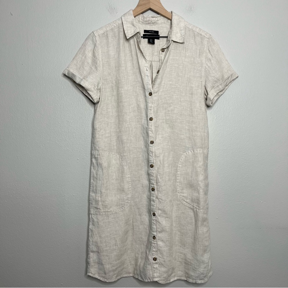 Tahari Women 100% Linen Dress Small Shirt Short Sleeve Tan Pockets Summer